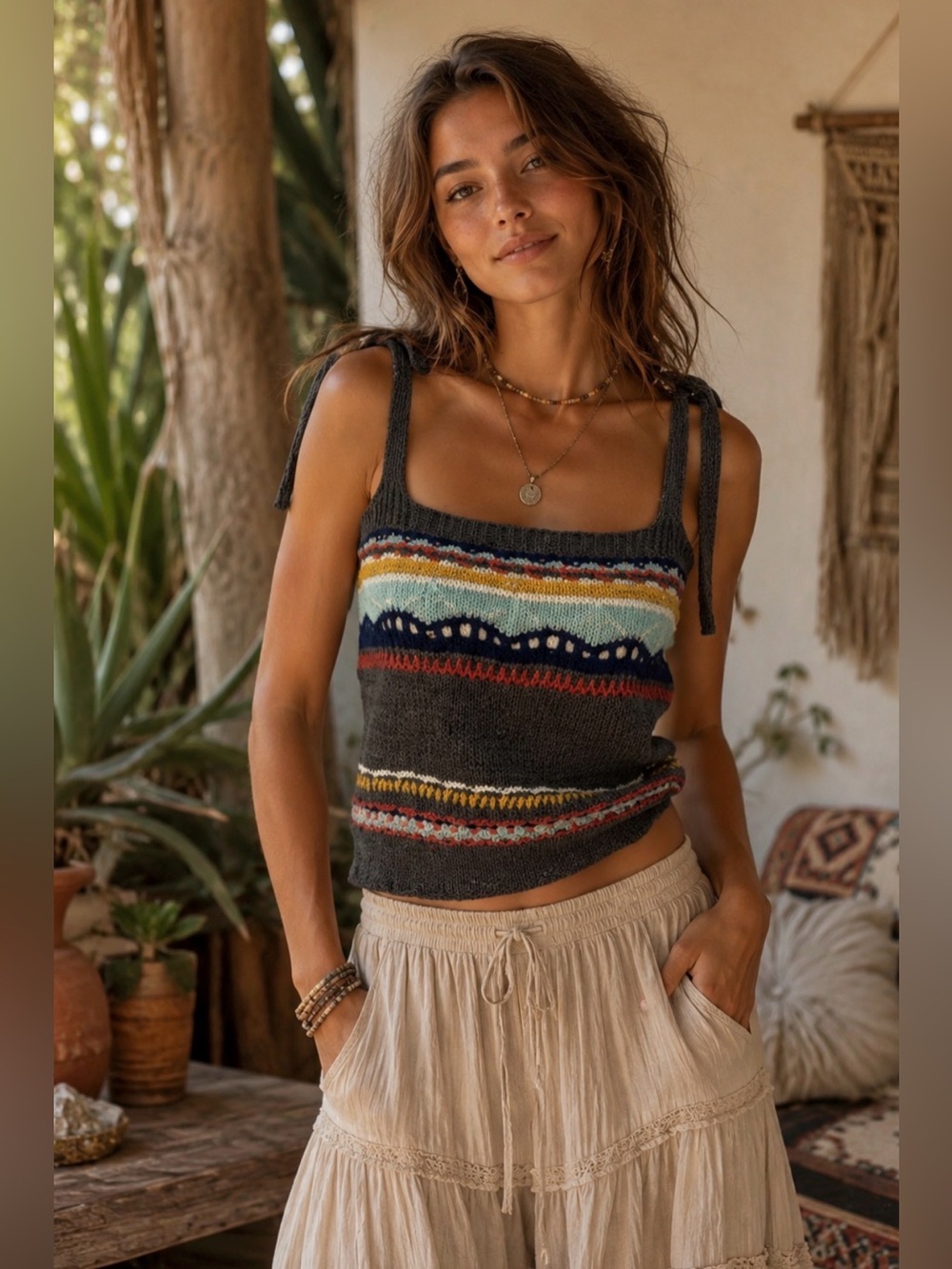 POL Gray Colorful Shoulder Tie Sleeveless Sweater Tank Top Boho NEW